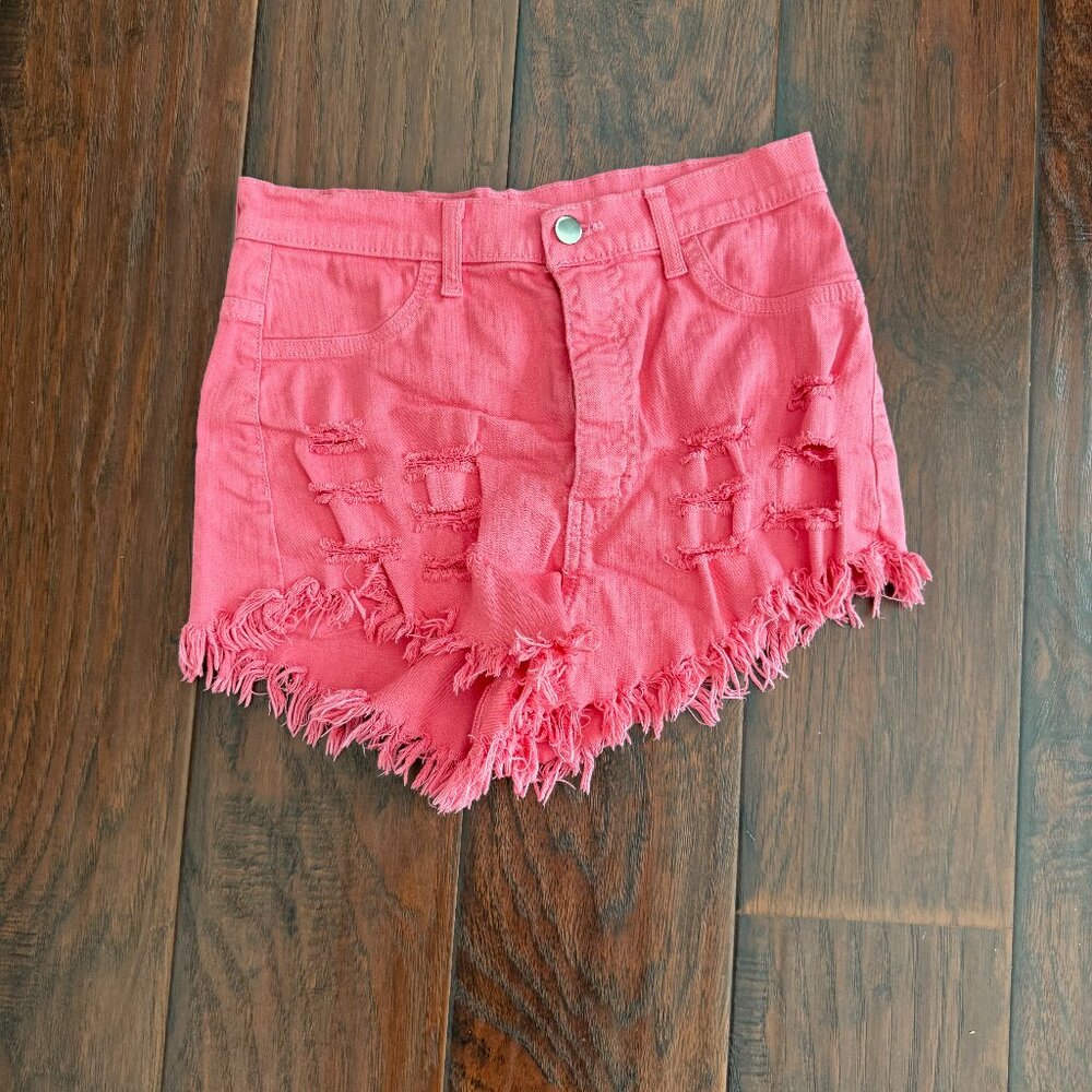 Coral Distressed High-Waisted Denim Shorts